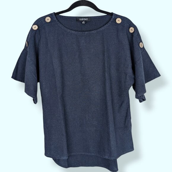 Ellen Tracy Navy Linen Blend Button Top - Picture 5 of 8